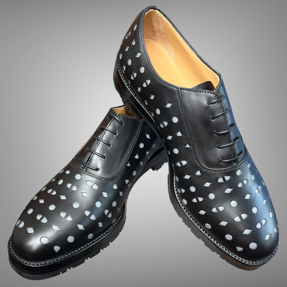 Hermes NIB Calfskin Leather Laser Cut Noir Gris Oxford Shoes EU 40